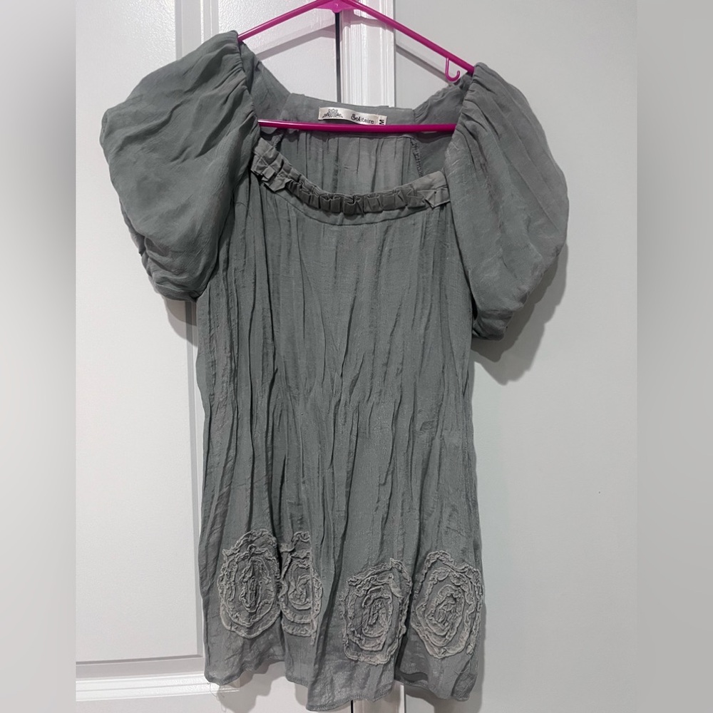 Solitaire Grayish green Ruffle Trim Top